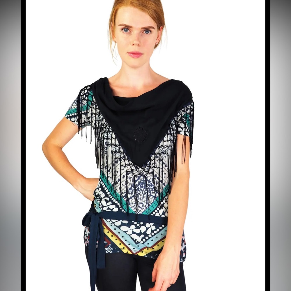 Desigual Short Sleeve Cowl Neck Fringe Jersey Top, size Medium